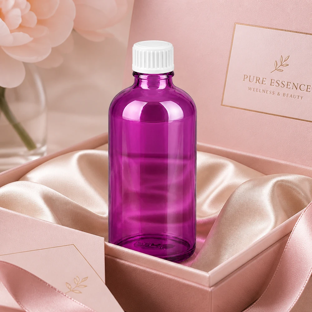 Tyylikäs violetti lasipullo 100ml UT18-kierteellä laadukkaille hyvinvointi- ja kauneustuotteille.