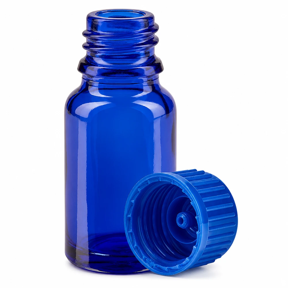 10ml pieni sininen lasipullo, jossa on käytännöllinen kierrekorkki tarkkaa annostelua varten.
