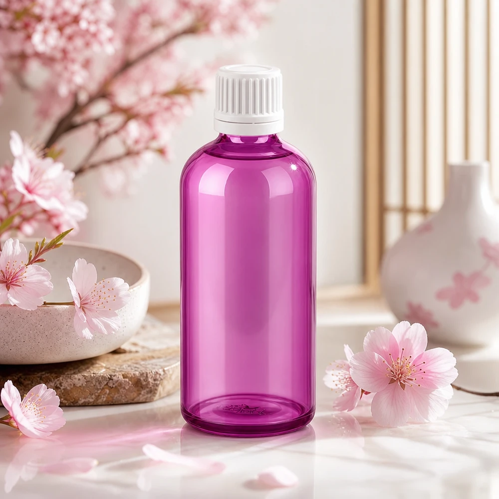 Korkealaatuinen 100ml lasipullo säteilevää violettia, jossa on valkoinen ammattilaiskorkki spa-sovelluksiin.