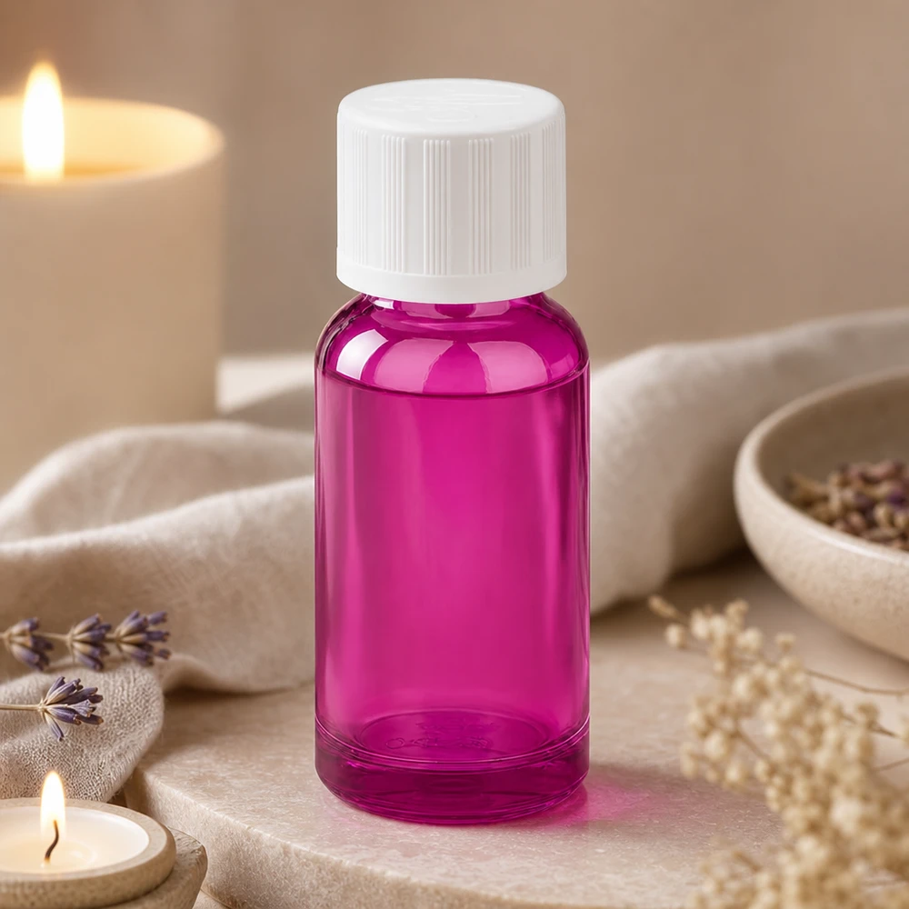 20ml pullo 11mm ruuvikorkki valkoinen vakio lapsiturvallinen PurpleLine UT18/20 Pieni 20 ml:n lasipullo, jossa on tyylikäs violetti muotoilu ja valkoinen korkki kosmetiikkaa varten.