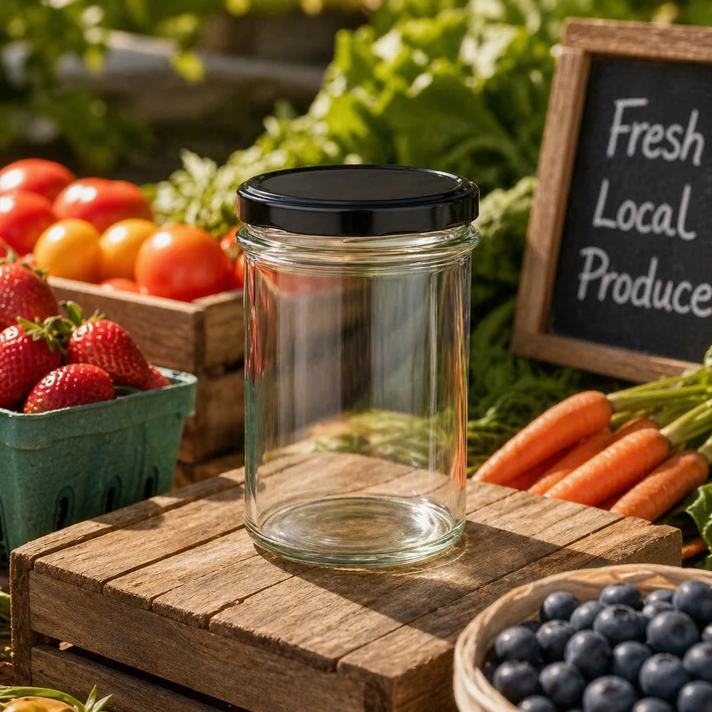 230 ml:n juomapullot, joissa on BasicSeal-kansi musta UNiTWIST 230ml muuripurkki mustalla BasicSeal-kannella tuoreiden hedelmien ja vihannesten välissä puupöydällä Farmers Market -kohtaus