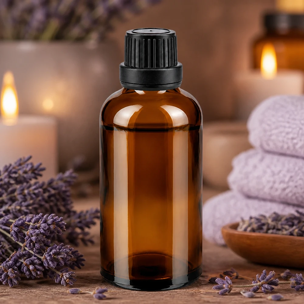 Apteekkipullo ruskea 50ml ruuvikorkki musta tiiviste sisus tamper evident sulkeminen Ruskea 50 ml:n apteekkipullo, jossa on musta tippakorkki, ja jota ympäröivät laventelikukat ja kynttilät