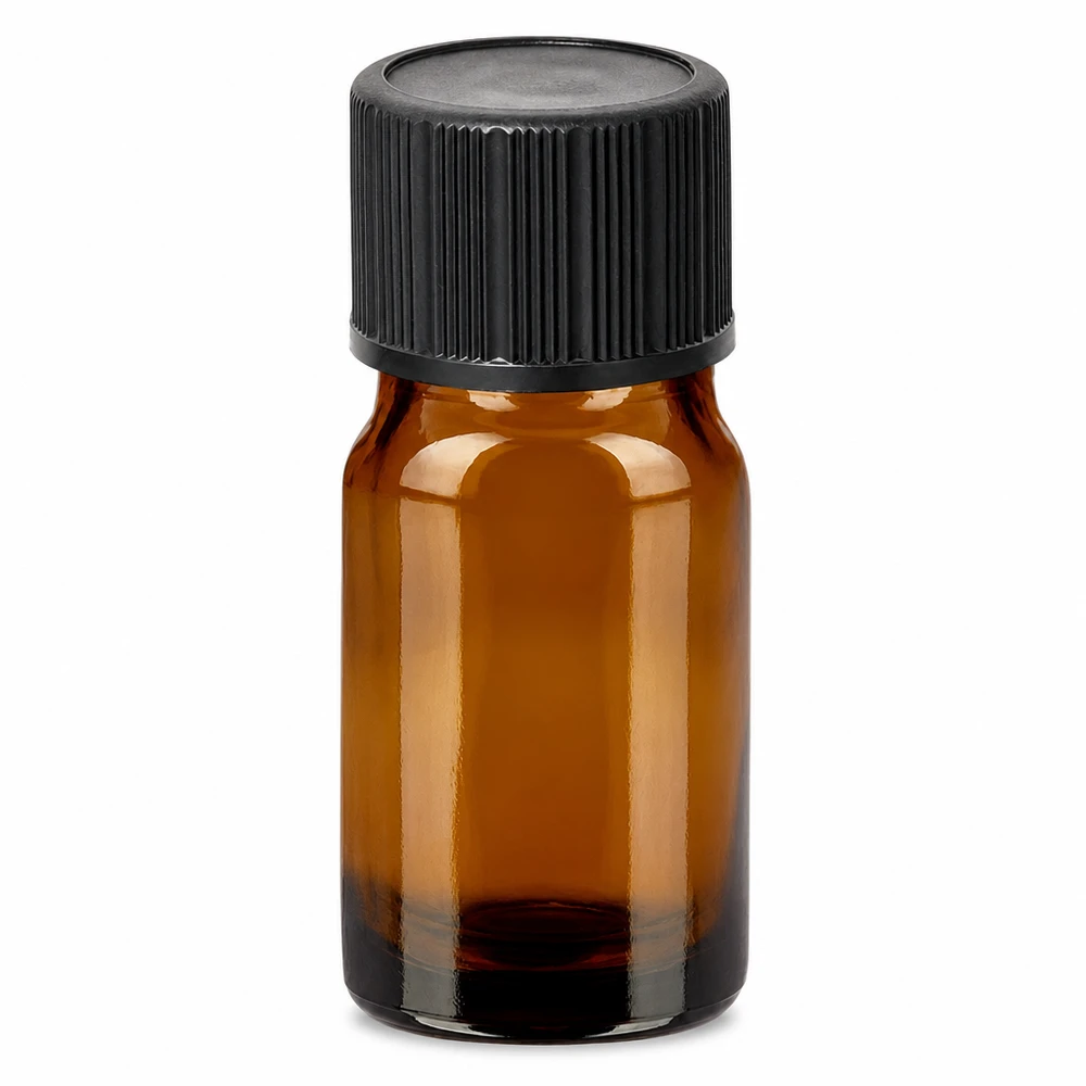 5ml tippapullo 1mm musta vakiokorkki BrownLine UT18/5 5ml tippapullo ruskea mustalla ruuvikorkilla tarkkaa annostelua varten.