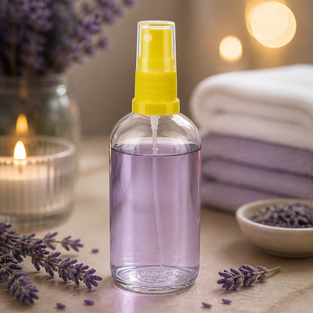 100ml suihkepullo keltainen/läpinäkyvä vakiokorkki ClearLine UT18/100 Laventeli-suihkepullo 100 ml, keltainen pumppupää, läpinäkyvä pullo, hyvinvointi, aromaterapia