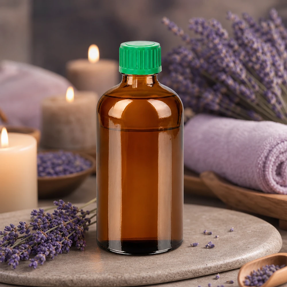 Kompakti 100ml lasipullo ruskealla ruskealla ja vihreällä kierrekorkilla tarkkaa annostelua varten.