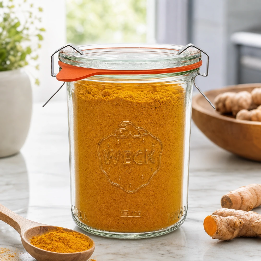 160 ml:n tumppupurkki täydellisenä WECK RR60 WECK Sturzglas 160ml RR60 mit Kurkumapulver gefüllt neben Ingwerwurzeln zeigt perfekte Gewürzaufbewahrung