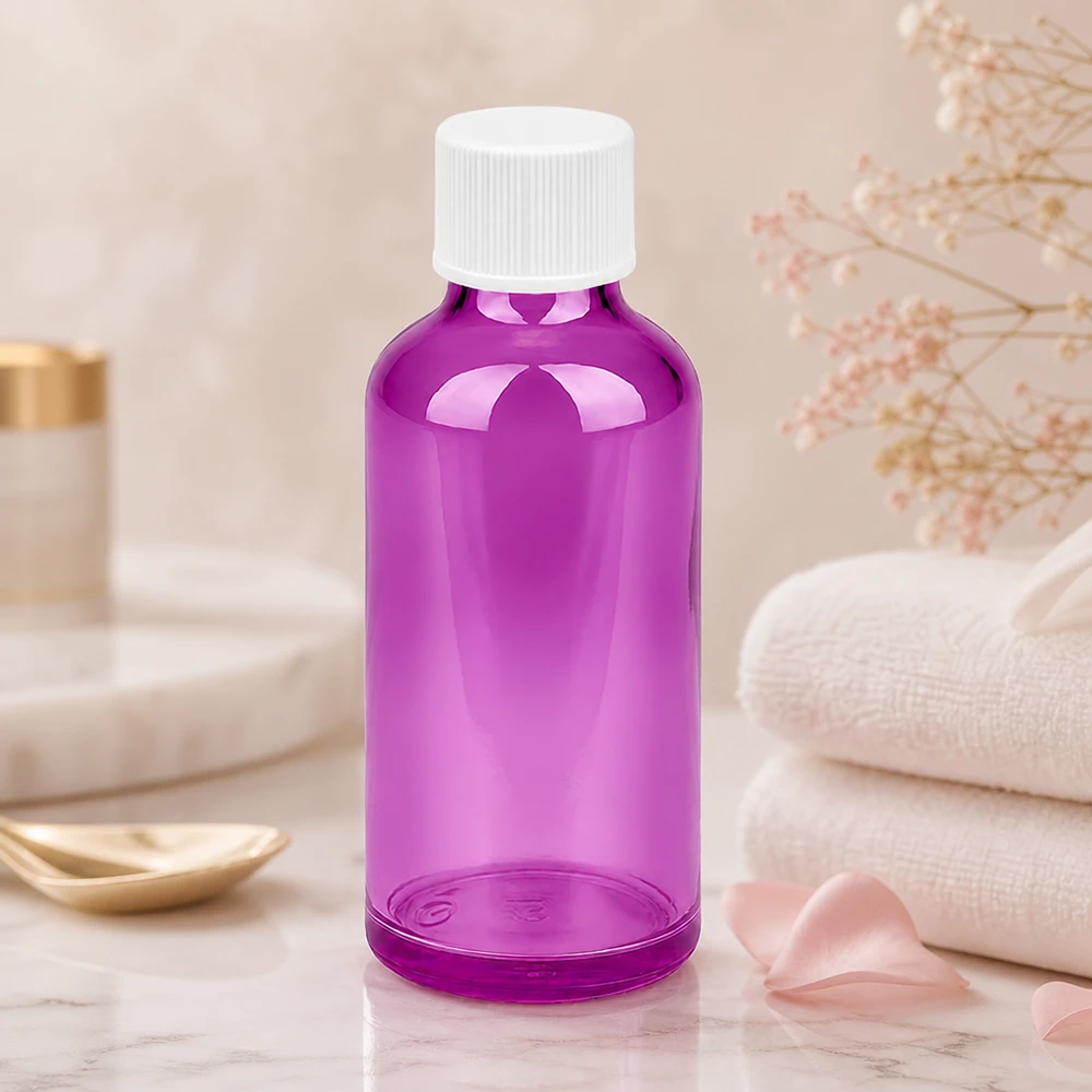 50ml pullo 11mm kierrekorkki valkoinen vakio PurpleLine UT18/50 PurpleLine UT18/50 Elegantti 50ml pullo läpinäkyvästä violetista lasista valkoisella kierrekorkilla aromaterapiaan