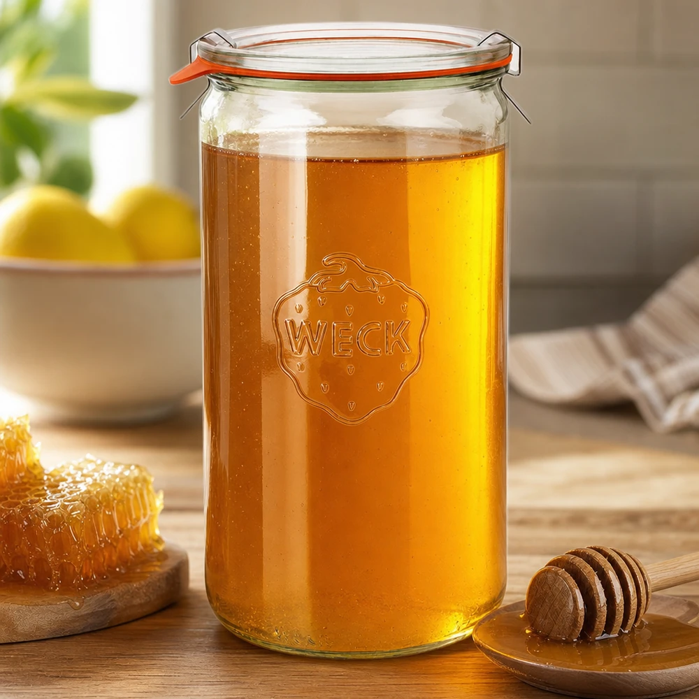 WECK sylinteripurkki 1590ml RR100 täynnä hunajaa swing top oranssi kumirengas puinen hunajalusikka hunajakenno