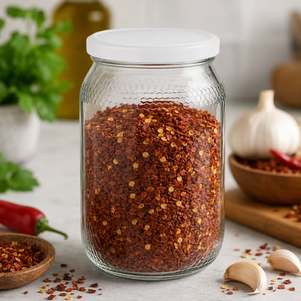 Chilihiutaleilla täytetty 900ml hunajapurkki osoittaa monipuolisen käytön mausteille ja elintarvikkeille BasicSeal-kansi