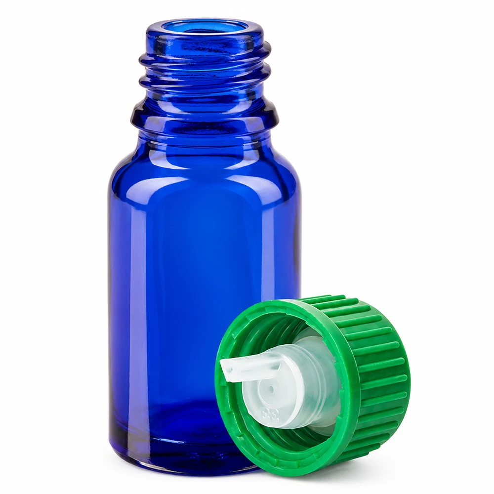 10ml sininen lasipullo 0.8mm tippapullolla eteerisiä öljyjä ja tinktuureja varten.