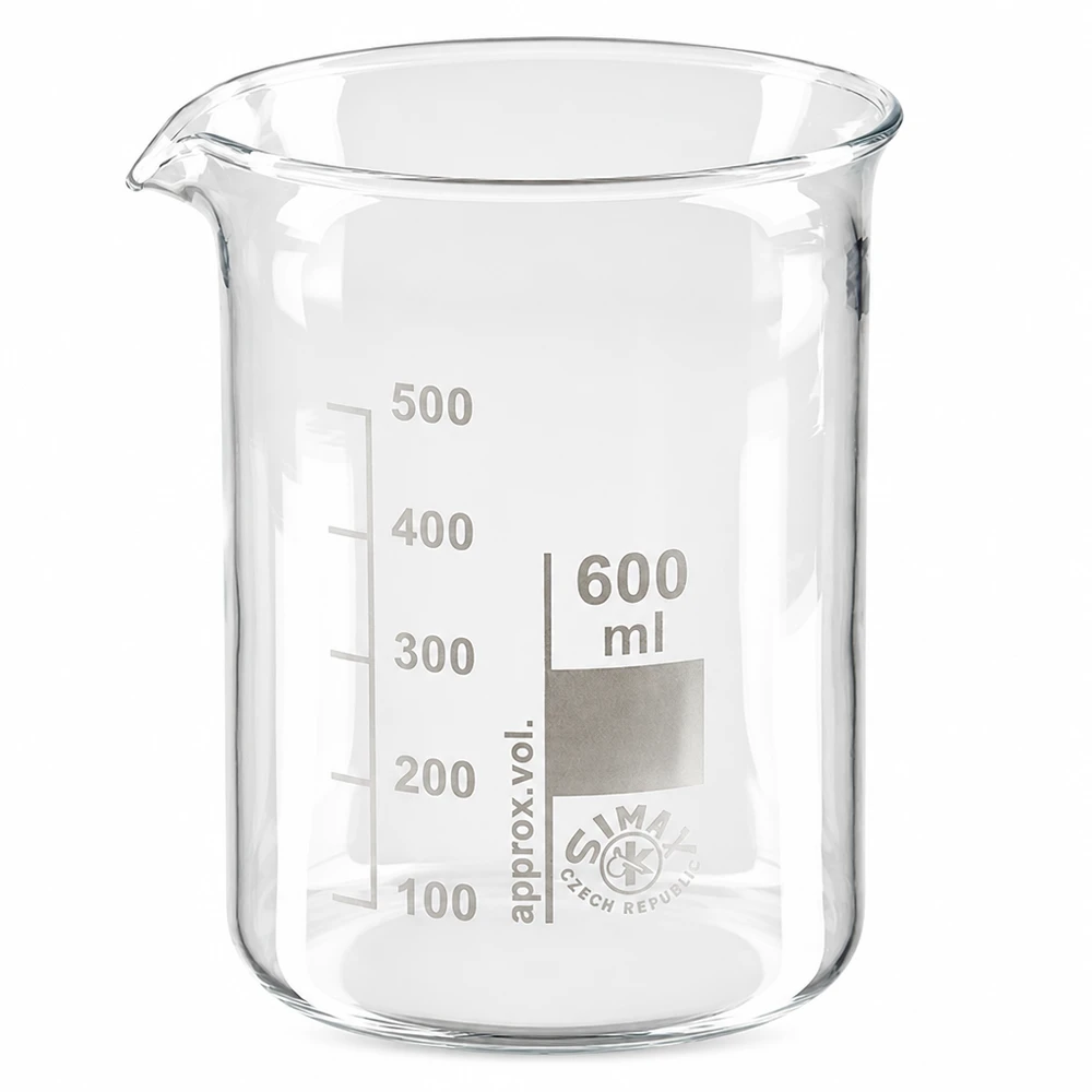 600 ml:n dekantterilasi, matalaa muotoa 600ml lasipannu borosilikaattilasista, matala muotti, jossa on nokka, laboratorioon ja keittiöön.