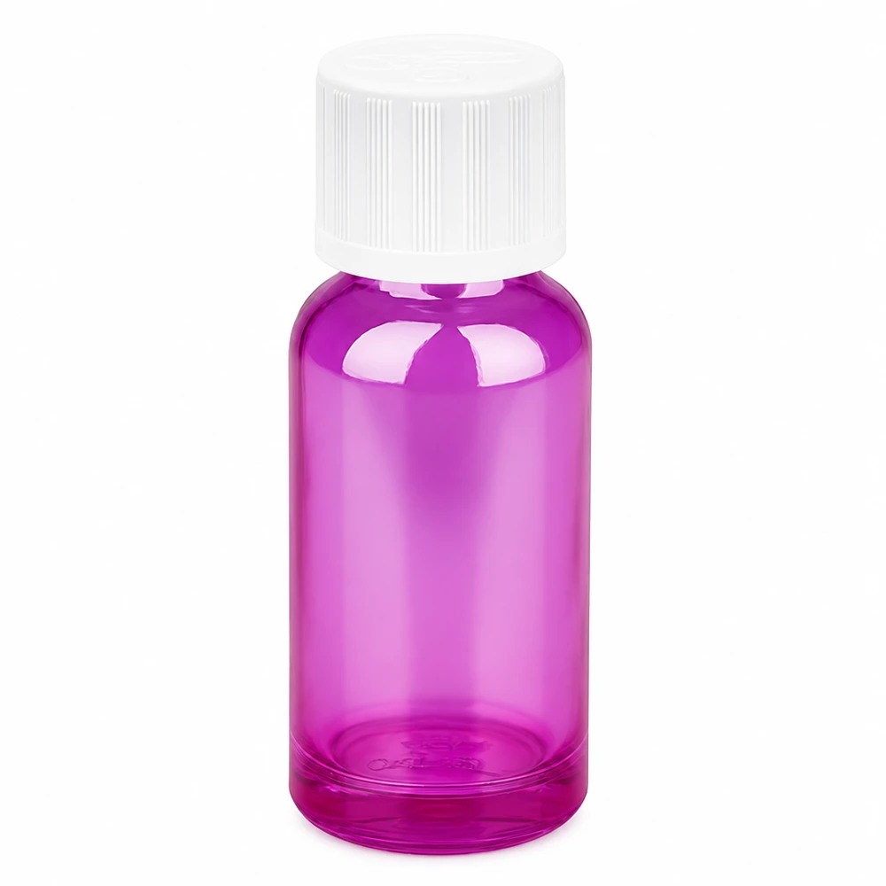 20ml lasipullo violetti läpinäkyvä valkoinen kierrekorkki kosmetiikkaan ja aromaterapiaan.