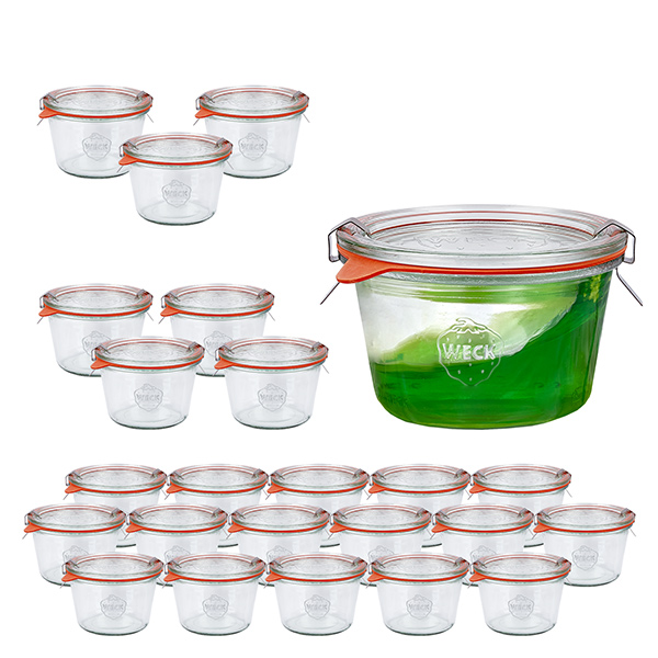 Setti 24 Weck-purkkia 370ml tumblereihin, joissa on 24 lasikantta.