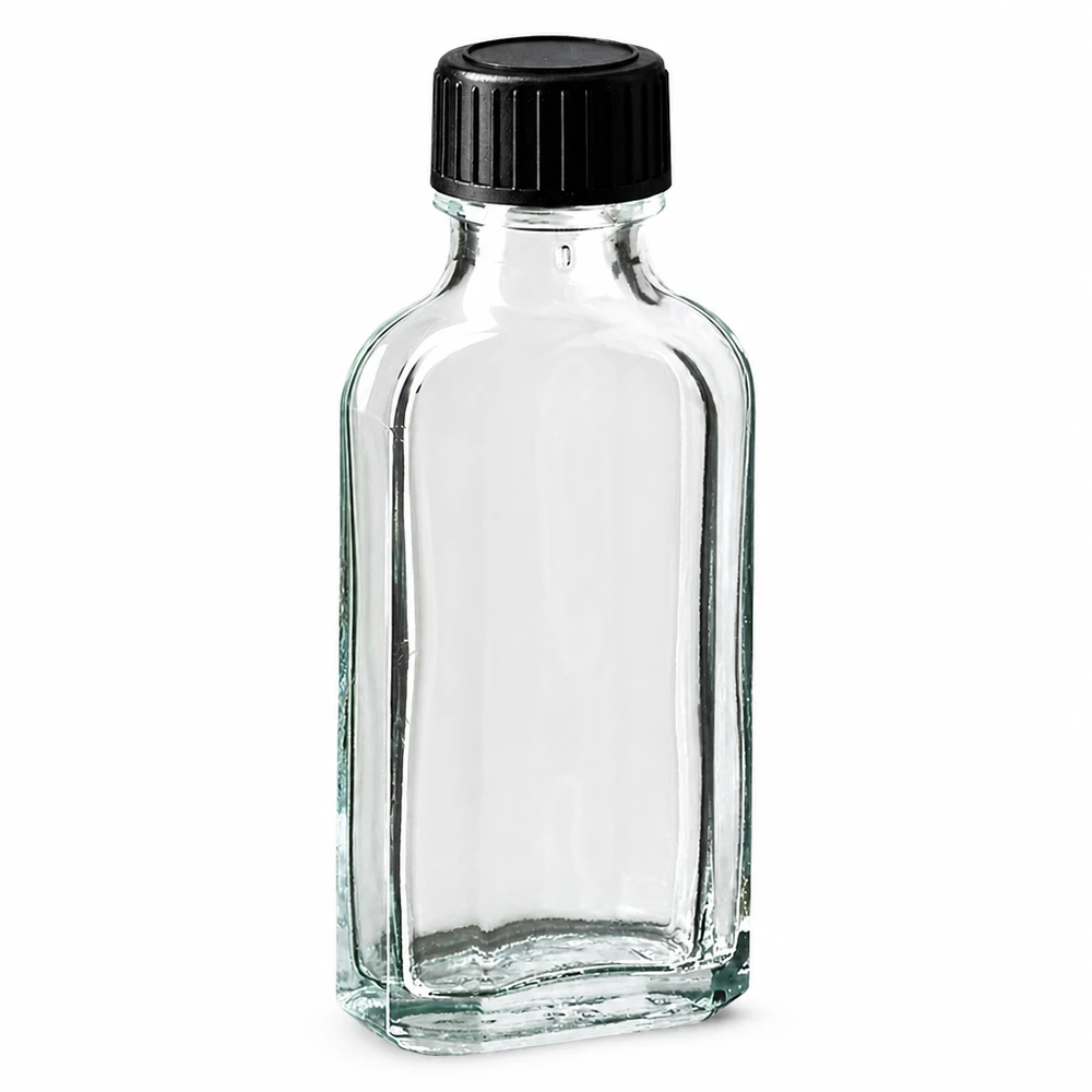 50 ml:n Meplat-lasipullo, kirkas, mustalla kierrekorkilla ja EPE-tiivistekiekolla