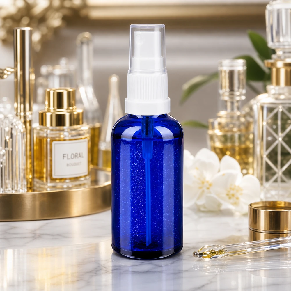 50ml suihkepullo valkoinen/läpinäkyvä vakiokorkki BlueLine UT18/50 BlueLine UT18/50 Premium 50ml lasipullo ergonomisella suihkupäällä seerumien tasaiseen levitykseen.