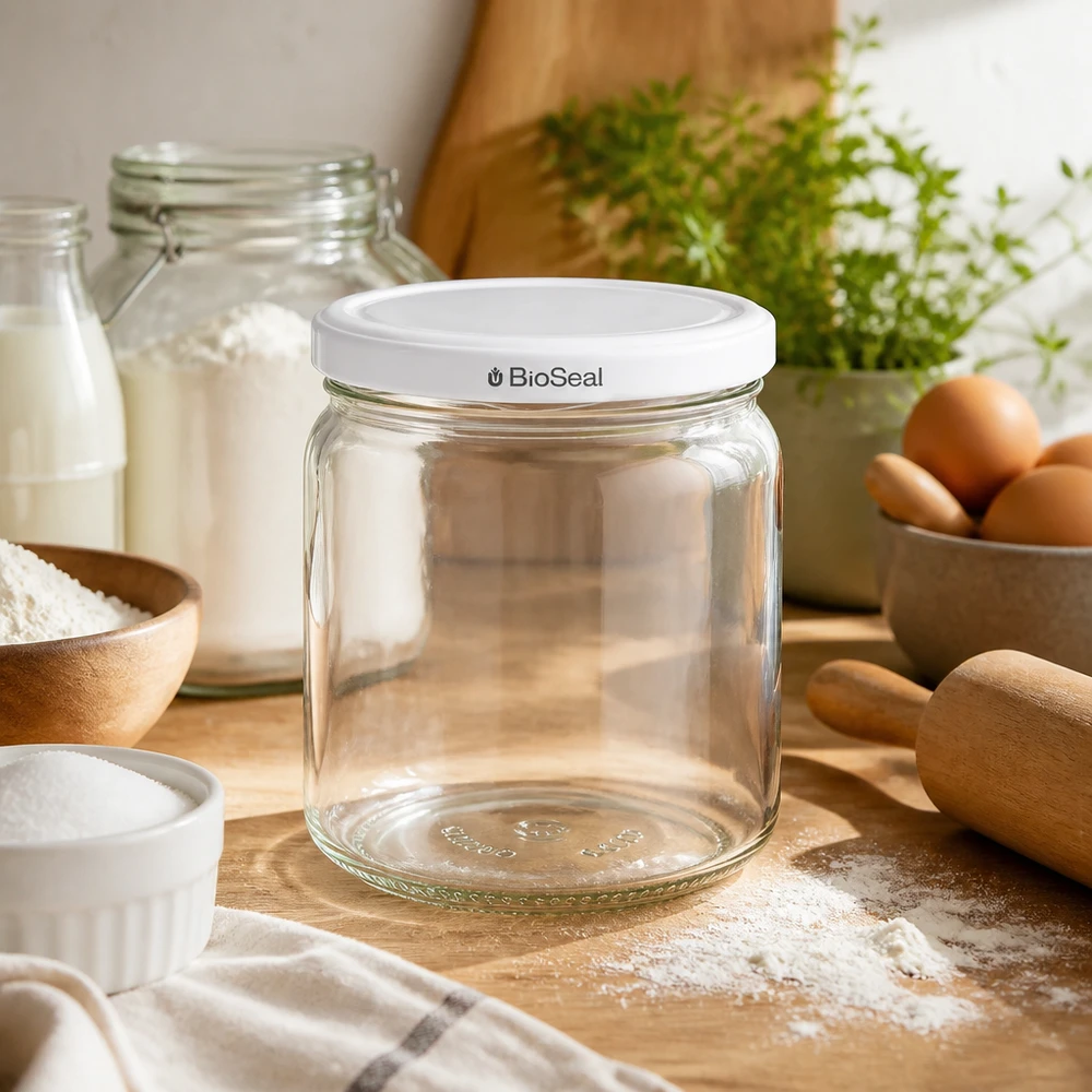 408ml pyöreä purkki, jossa valkoinen BioSeal-kansi UNiTWIST UNiTWIST Runda408 leeres Einmachglas in gemütlicher Küche - vielseitiges Vorratsglas mit BioSeal für Backen und Kochen