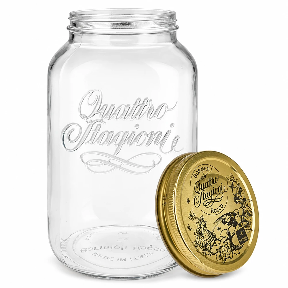 3800ml pyöreä purkki "Quattro Stagioni", jossa on kansi. Bormioli Rocco Quattro Stagioni 3800ml säilöntätölkki irrotettavalla kannella Yksityiskohta Italian laatu