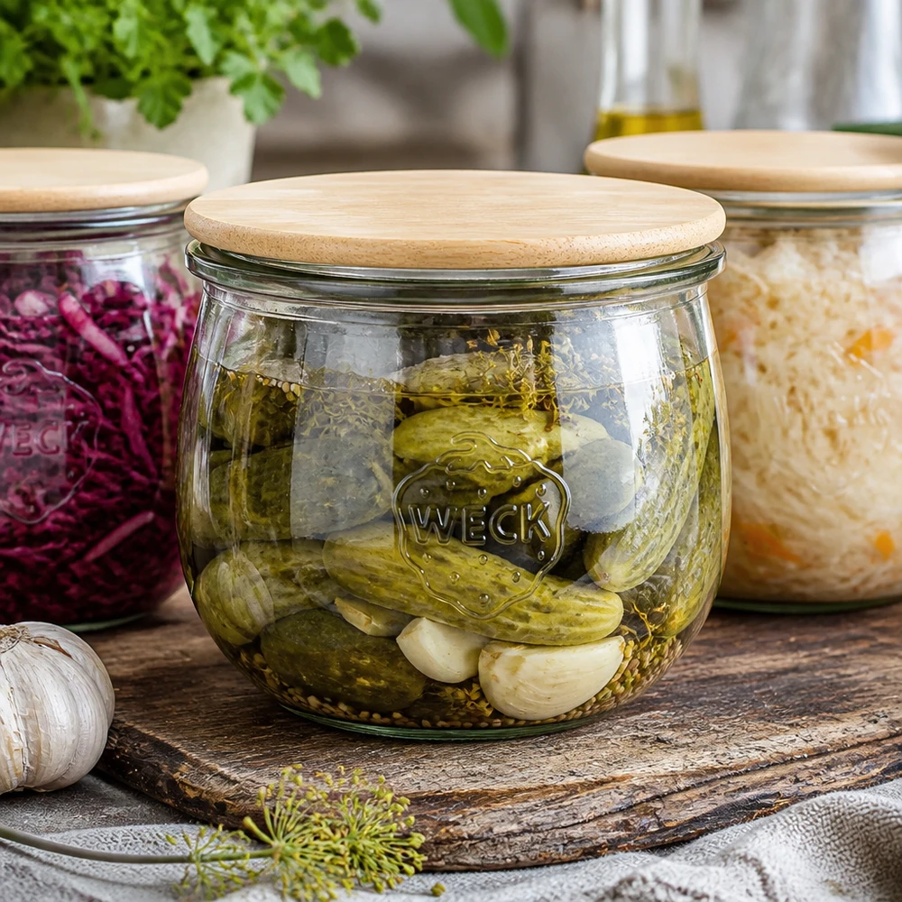 WECK Tulpenglas 580ml RR100 mit Holzdeckel für eingelegte Gurken und Gemüse - stilvolle Einmachgläser-Serie