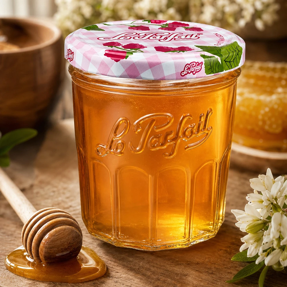 324ml Le Parfait -purkki täynnä hunajaa hunajaisen lusikan ja valkoisten kukkien vieressä puupöydällä.