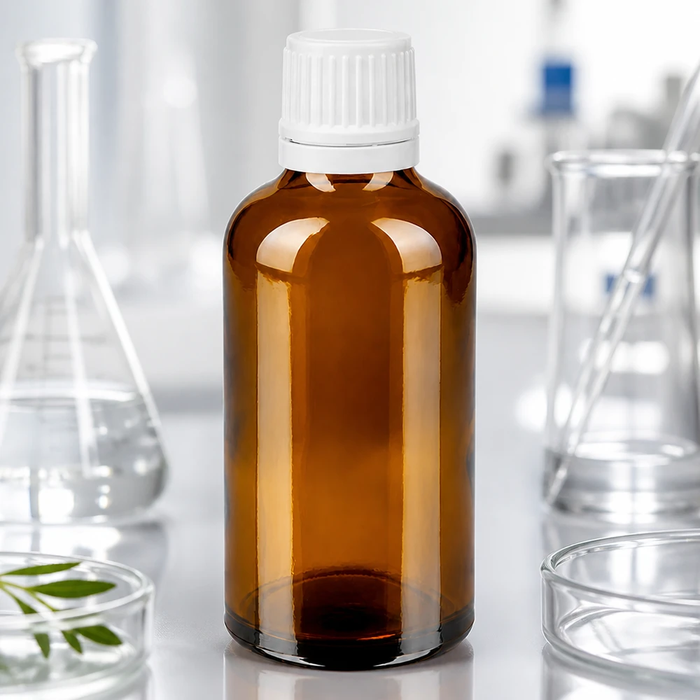 50 ml:n apteekkipullo, ruskeaa lasia, valkoisella OV-korkilla, kaulan halkaisija 11 mm, laboratoriokäyttöön