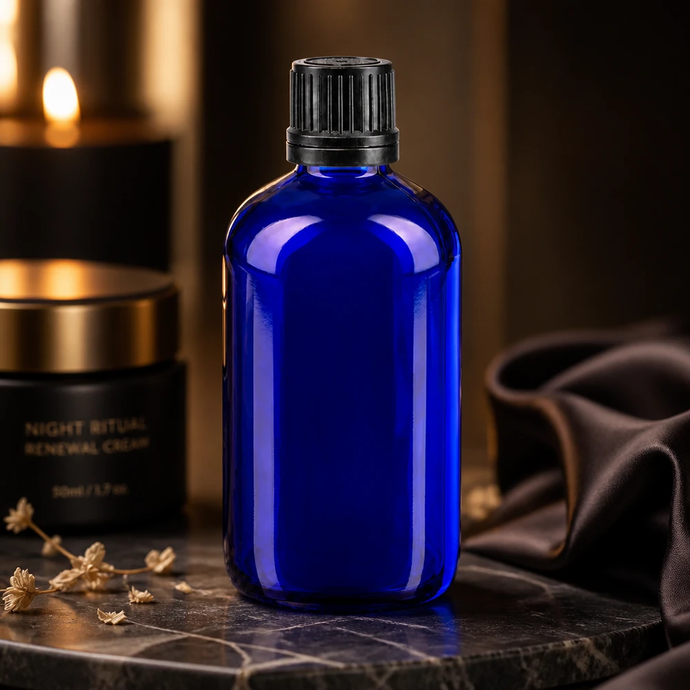 Apteekkipullo sininen 100ml ruuvikorkki musta valurengas sinetöityä sulkemista varten. Sininen 100 ml:n apteekkilasipullo, jossa on uurrettu musta korkki, tyylikkäässä yöilmapiirissä