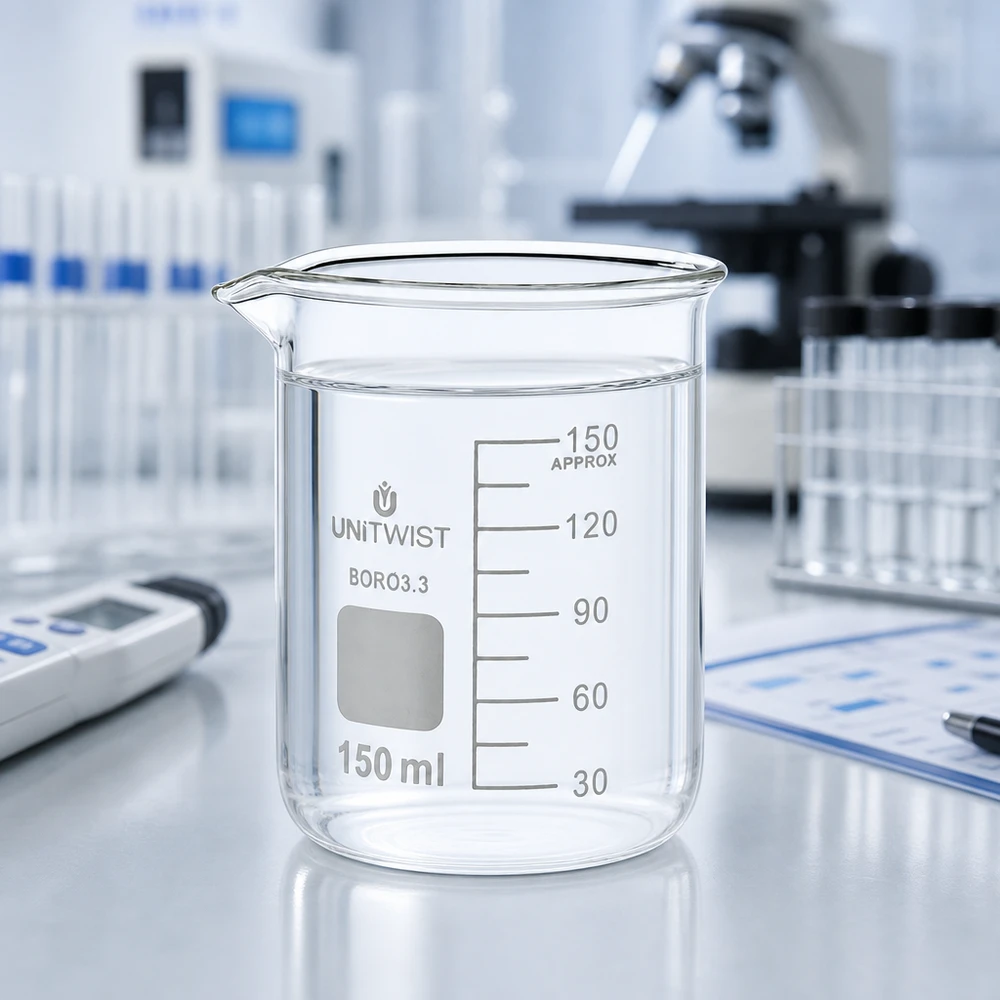 UNiTwist-mitta-astia 150 ml, borosilikaattilasia 3.3, matala malli, jossa on puhdasta vettä laboratorio-olosuhteissa