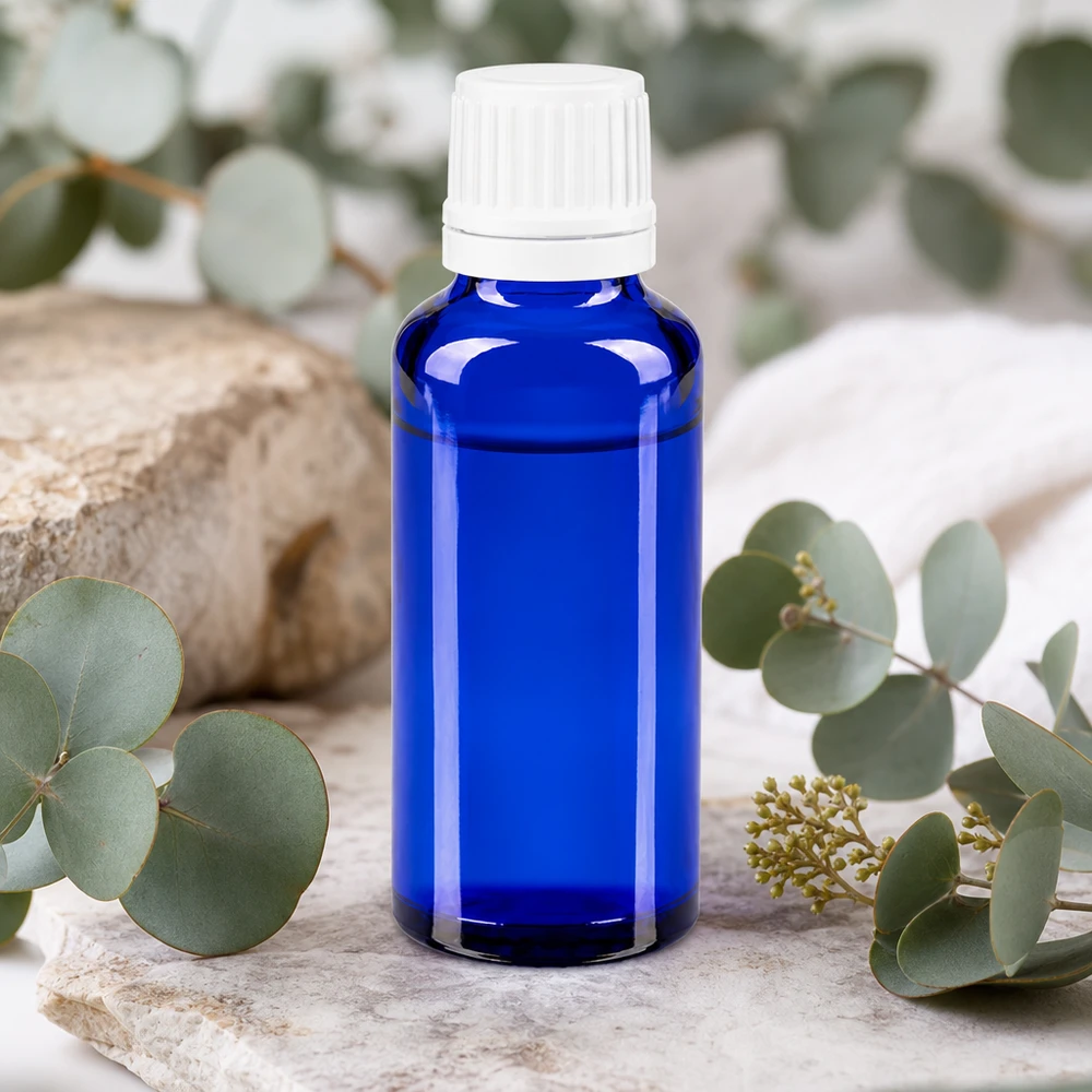 Apteekkipullo sininen 30ml tiputuskorkki 1.2mm valkoinen peukalointisuojattu korkki Koboltinsininen 30 ml:n lasipullo, jossa on valkoinen OV-tiputusosa eukalyptusoksien välissä luonnonkivellä