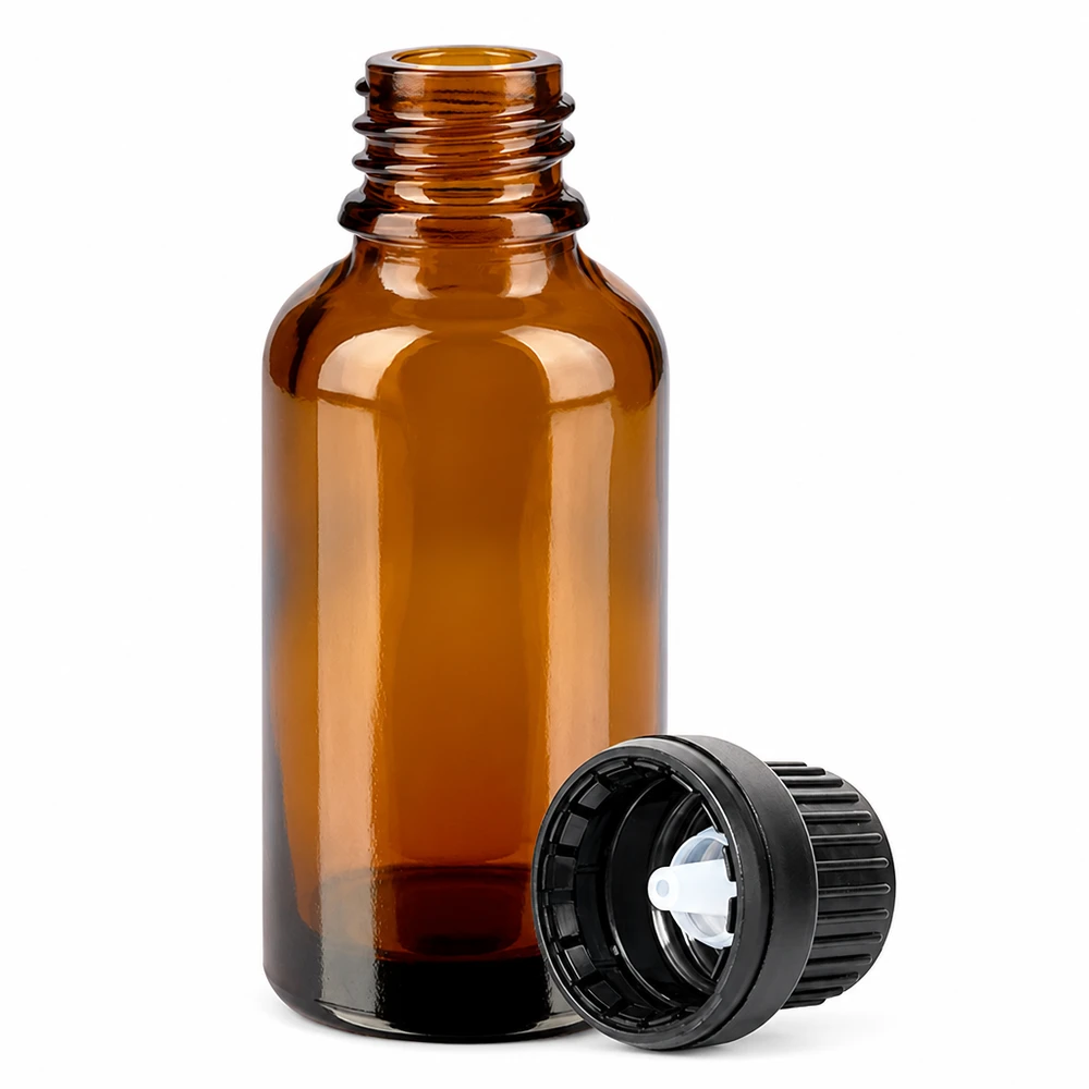 30ml tippapullo 2mm musta väärentämisen estävä suljin BrownLine UT18/30 Ruskea tippapullo 30ml, jossa on tarkka 2mm nokka nesteiden tarkkaa annostelua varten.