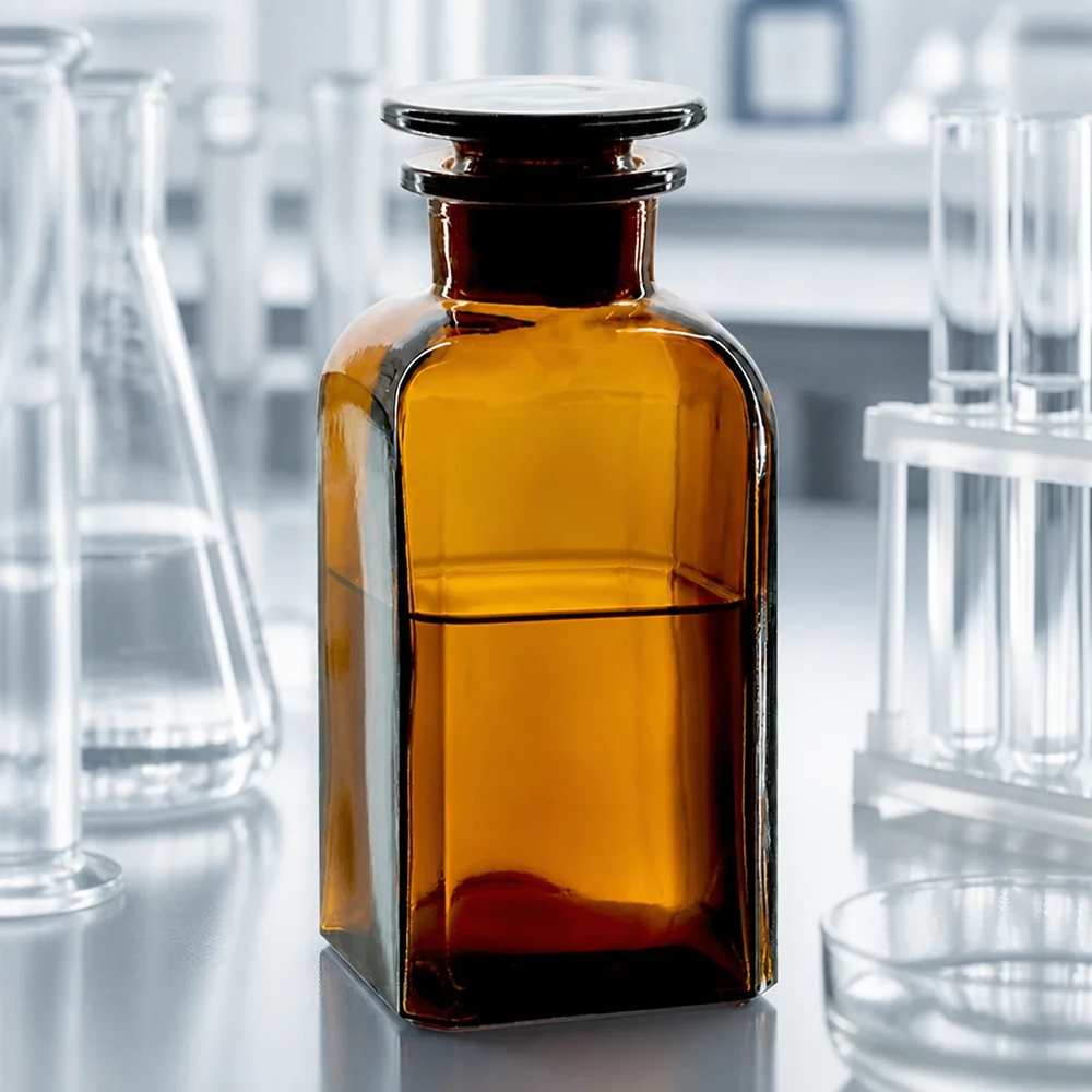 Nelikulmainen pullo 350ml ruskea leveäkaulainen lasitulppa Laboratorion kuva: ruskea neliömäinen 350 ml:n leveäkaulainen pullo, jossa on lasitulppa, Erlenmeyer-pullon ja koeputkien välissä