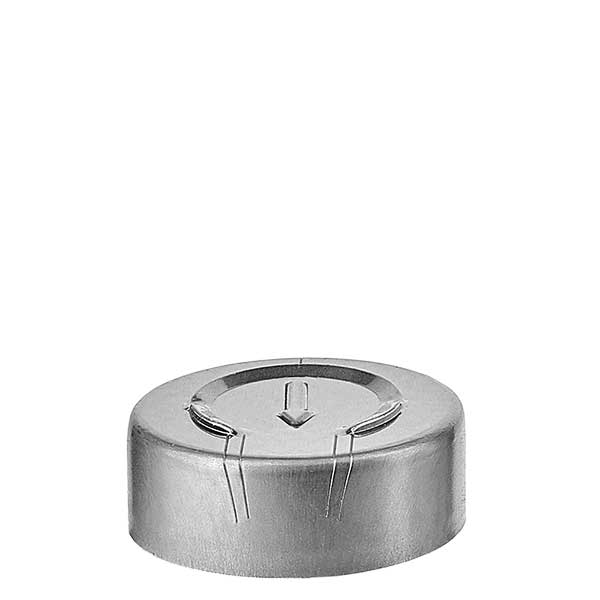 Puristuskorkki 20,25 x 7,4 mm, jossa on keskiosan repäisy, hopea.