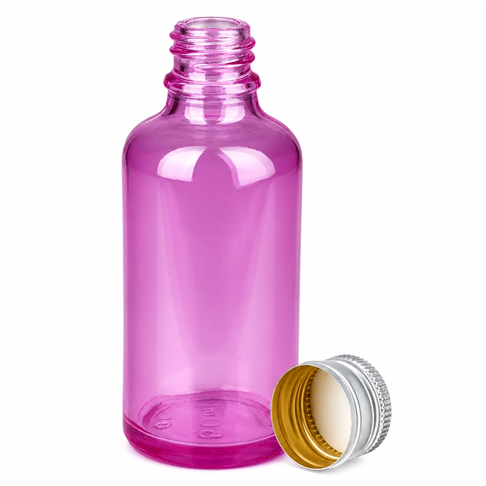 50ml pullo 11mm ruuvikorkki alumiini-hopea vakio PurpleLine.UT18/50 standardi PurpleLine.UT18/50 50ml pullo violettia lasia alumiinihopeisella korkilla eteerisille öljyille ja kosmetiikalle.