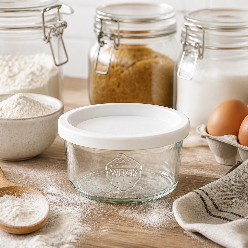 165ml tumppupurkki, jossa on raikkauskansi WECK RR80 WECK 165ml lasit RR80 valkoisella kannella leivonta-aineiden, jauhojen ja munien välissä puupöydällä maalaismaisessa keittiössä.