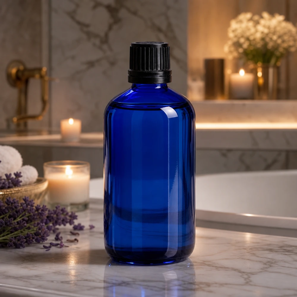Koboltinsininen 100 ml:n apteekkipullo, jossa on musta alkuperäinen korkki, tyylikkäässä kylpyhuoneessa