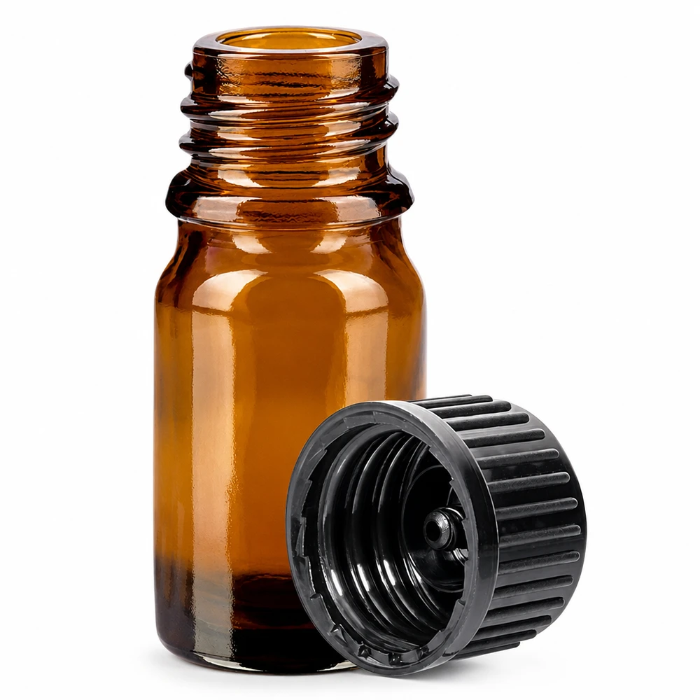 5ml pullo 11mm kierrekorkki musta standardi BrownLine UT18/5 Pieni 5ml apteekkipullo ruskeaa lasia, jossa on uurrettu korkki lääkitystä varten.