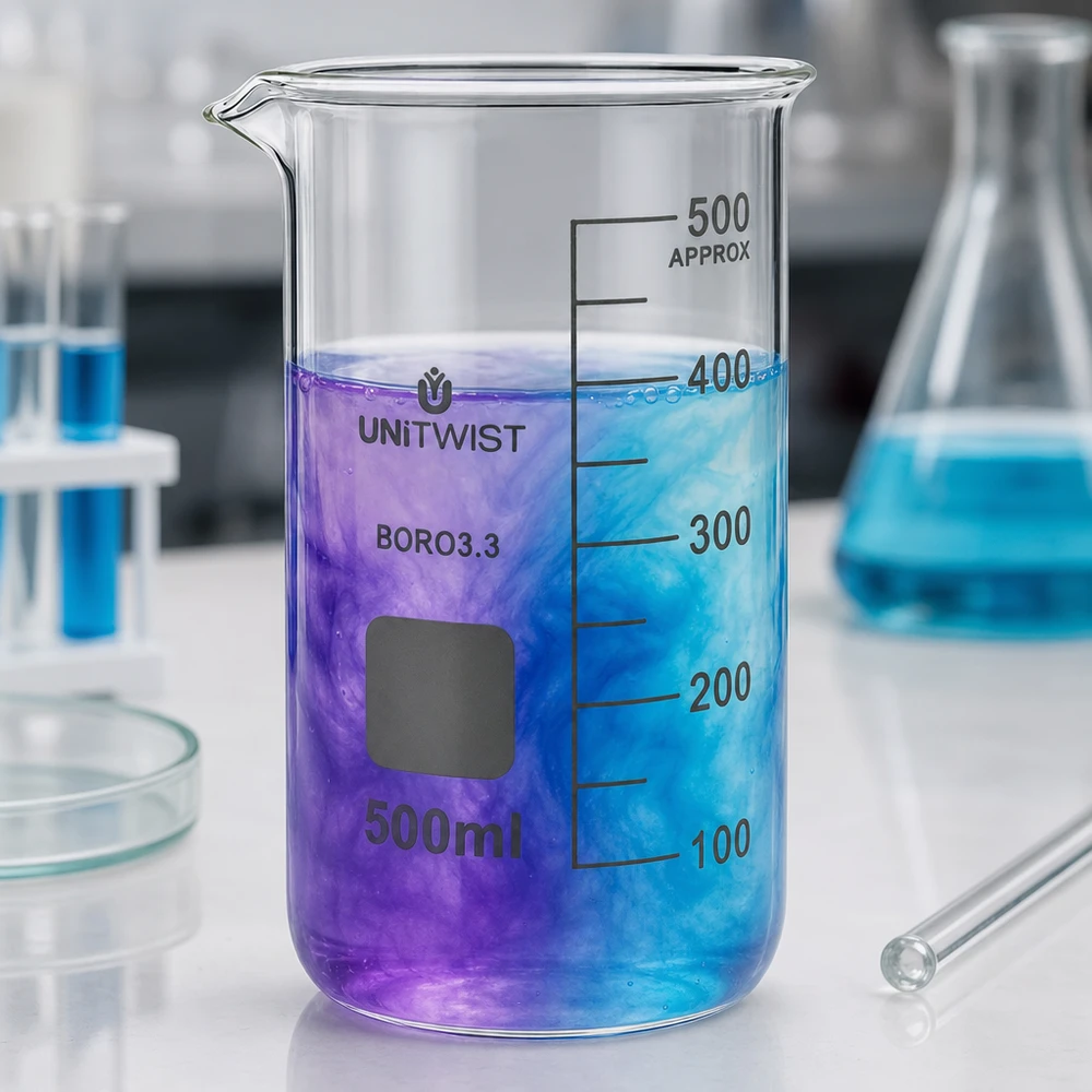 500 ml:n dekantterilasi, korkea muotti UNiTWIST Borosilikaattilasi, 500 ml:n mitta-astia, korkea malli, jossa on sinivioletti värisekoitus laboratoriossa