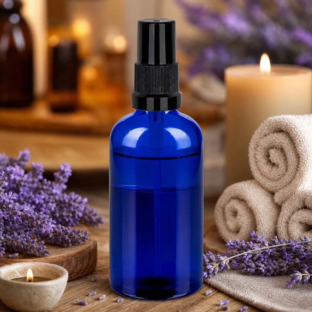 100ml suihkepullo musta vakiokorkki BlueLine UT18/100 Laadukas 100ml suihkepullo sinisestä lasista - STD BlueLine UT18/100 aromaterapiaan.