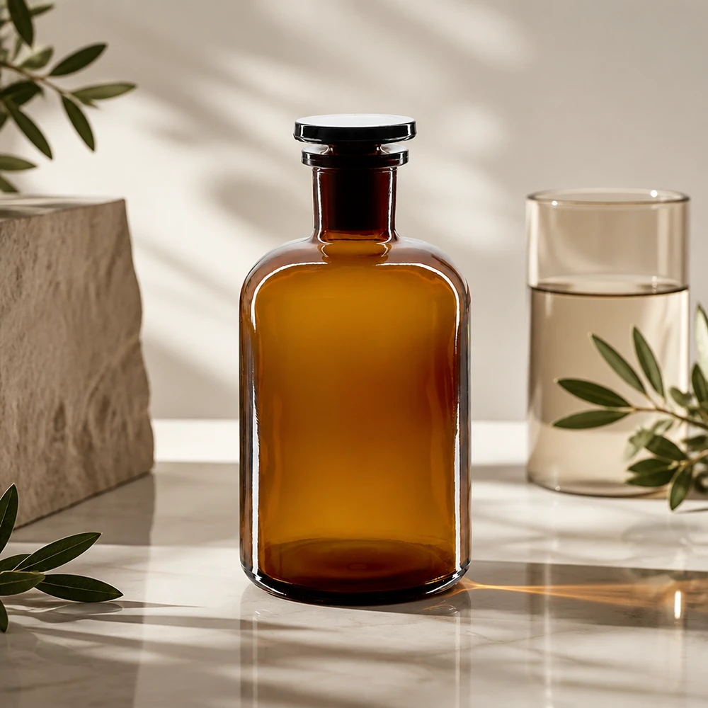 Pyöreä olkapääpullo 500ml ruskea kapeakaulainen lasitulppa Meripihkavärinen laboratoriopullo, 500 ml, kapeakaulainen, pyöreäolkapäinen, korkealaatuisella lasitulpalla