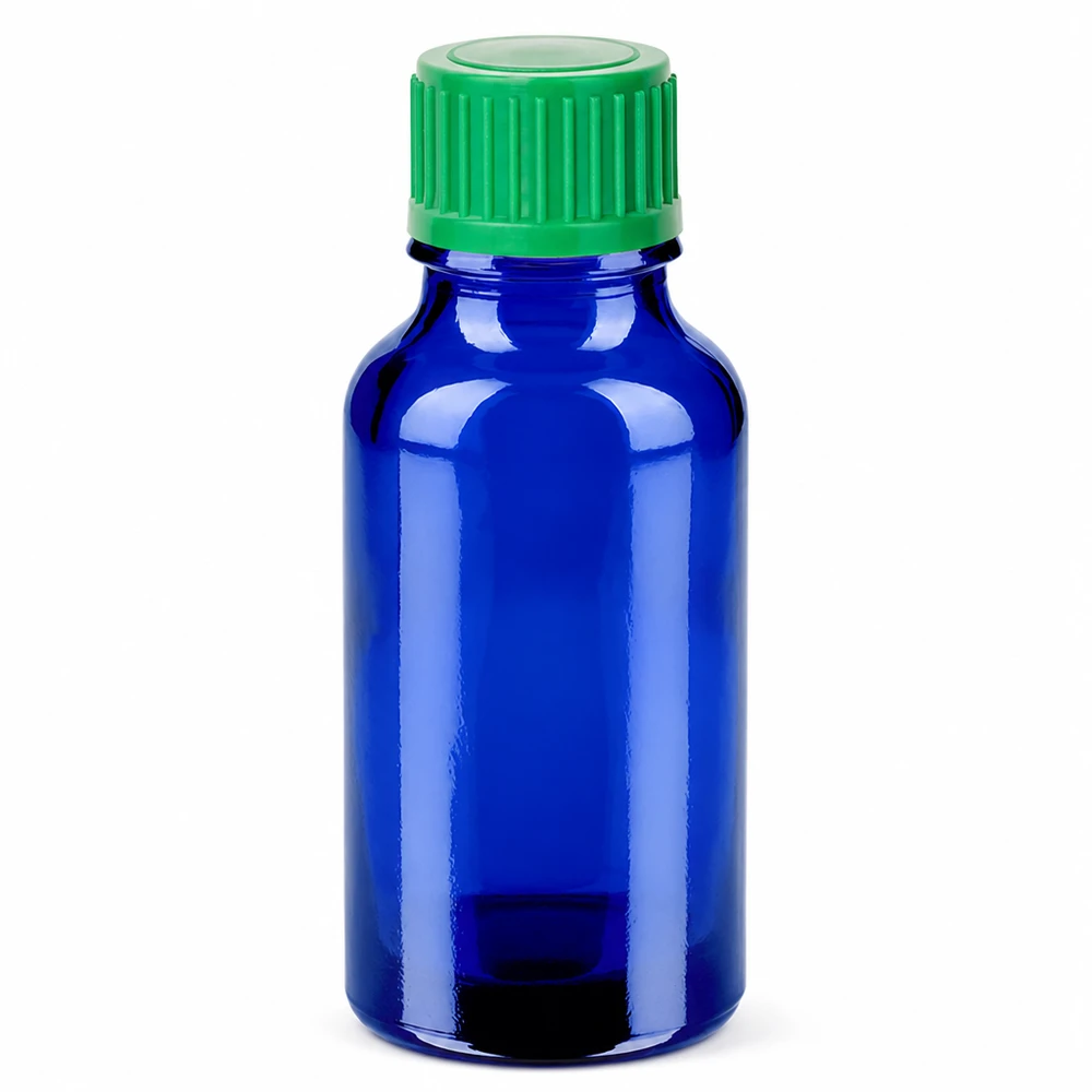 20ml sininen lasipullo, jossa on vihreä tiputuskorkki farmaseuttisten tuotteiden tarkkaan annosteluun.