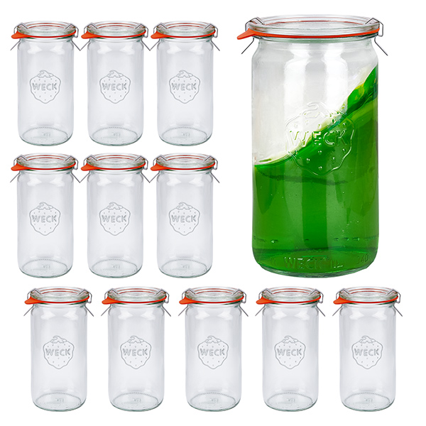 12 Weck-purkin setti 340ml sylinteripurkkeja, joissa on 12 lasikantta. 12 Weck-purkin setti 340ml sylinteripurkkeja, joissa on 12 lasikantta.