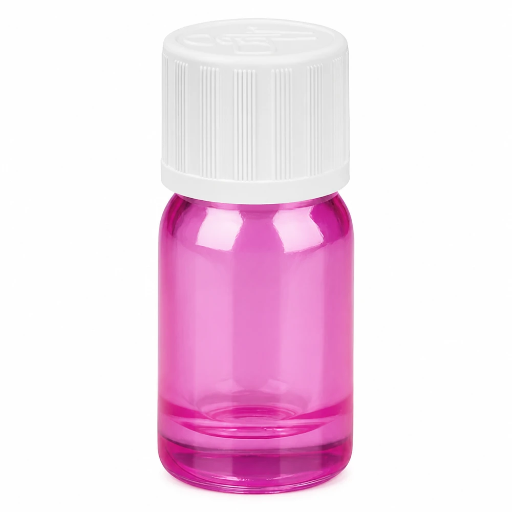 5ml kirkkaan violetti lasipullo valkoisella kierrekorkilla kosmetiikkaan ja aromaterapiaan.
