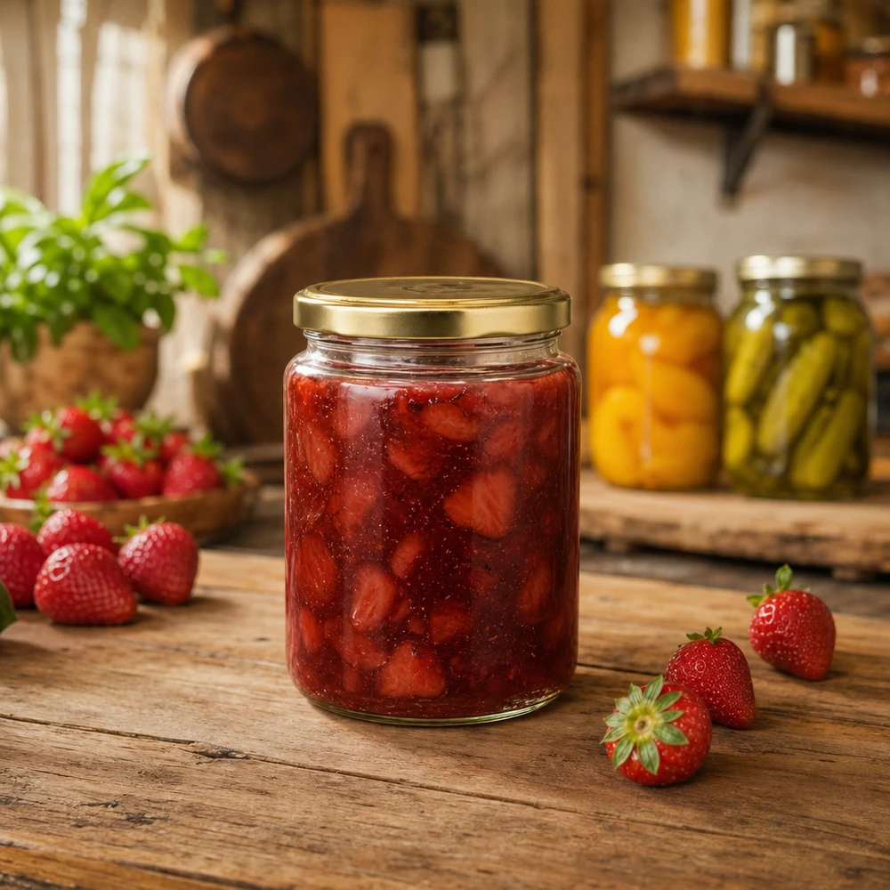 450g hunajapurkki kultaisella kannella täytettynä mansikkahillolla maalaiskeittiössä BasicSeal-purkki hedelmälevitteille.