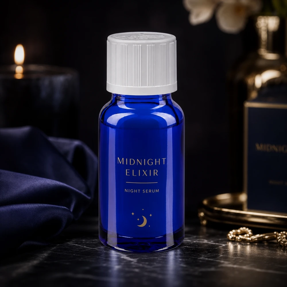 Apteekkipullo sininen 10ml tippapullon korkki valkoinen lapsiturvallinen standardi Midnight Elixir Night Serum koboltinsinisessä 10 ml:n tiputuspullossa, joka on valmistettu apteekkilasista ja asetettu marmorialustalle