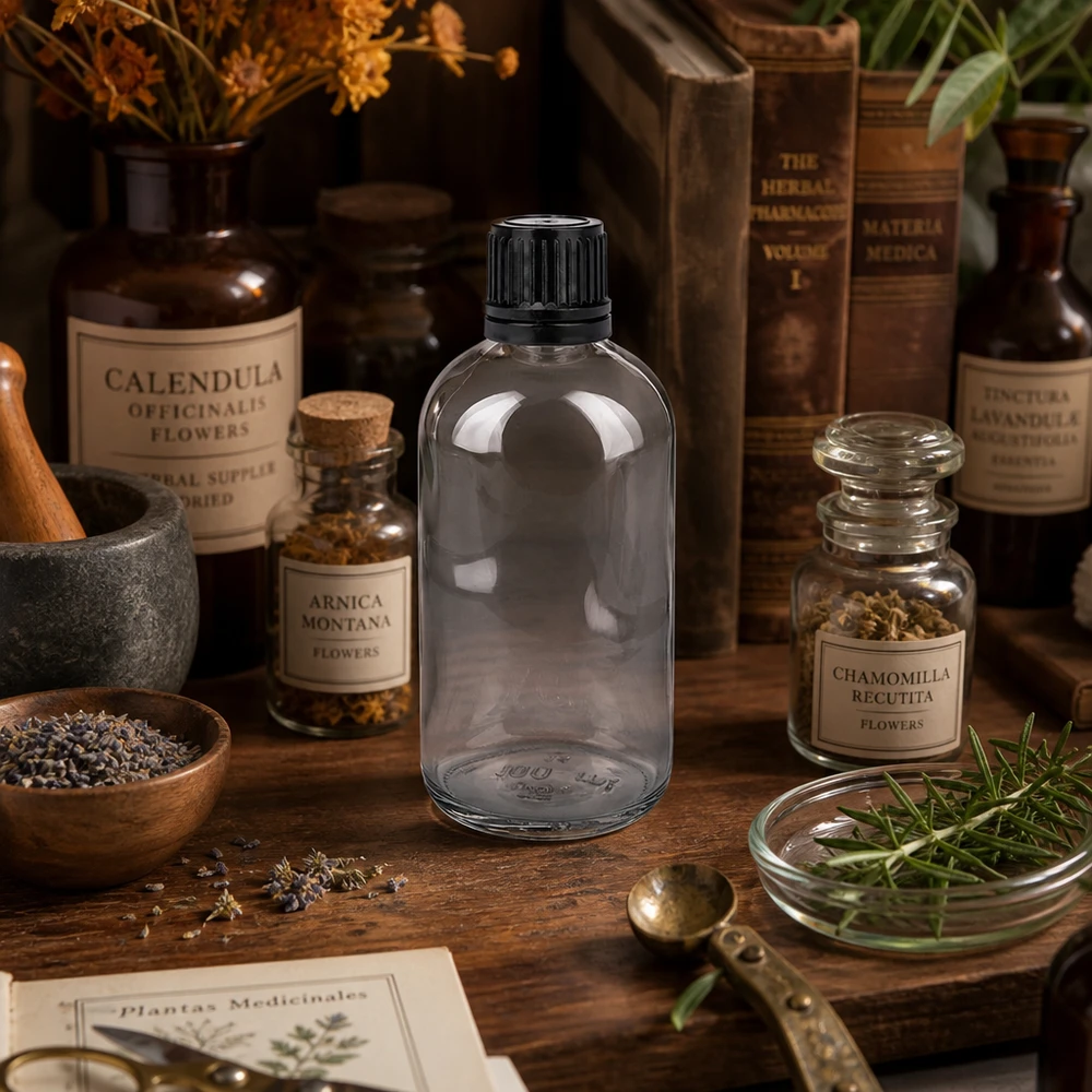 100 ml:n apteekkipullo, kirkasta lasia, kierrekorkilla, lääkekasvien ja homeopatian tarvikkeiden joukossa