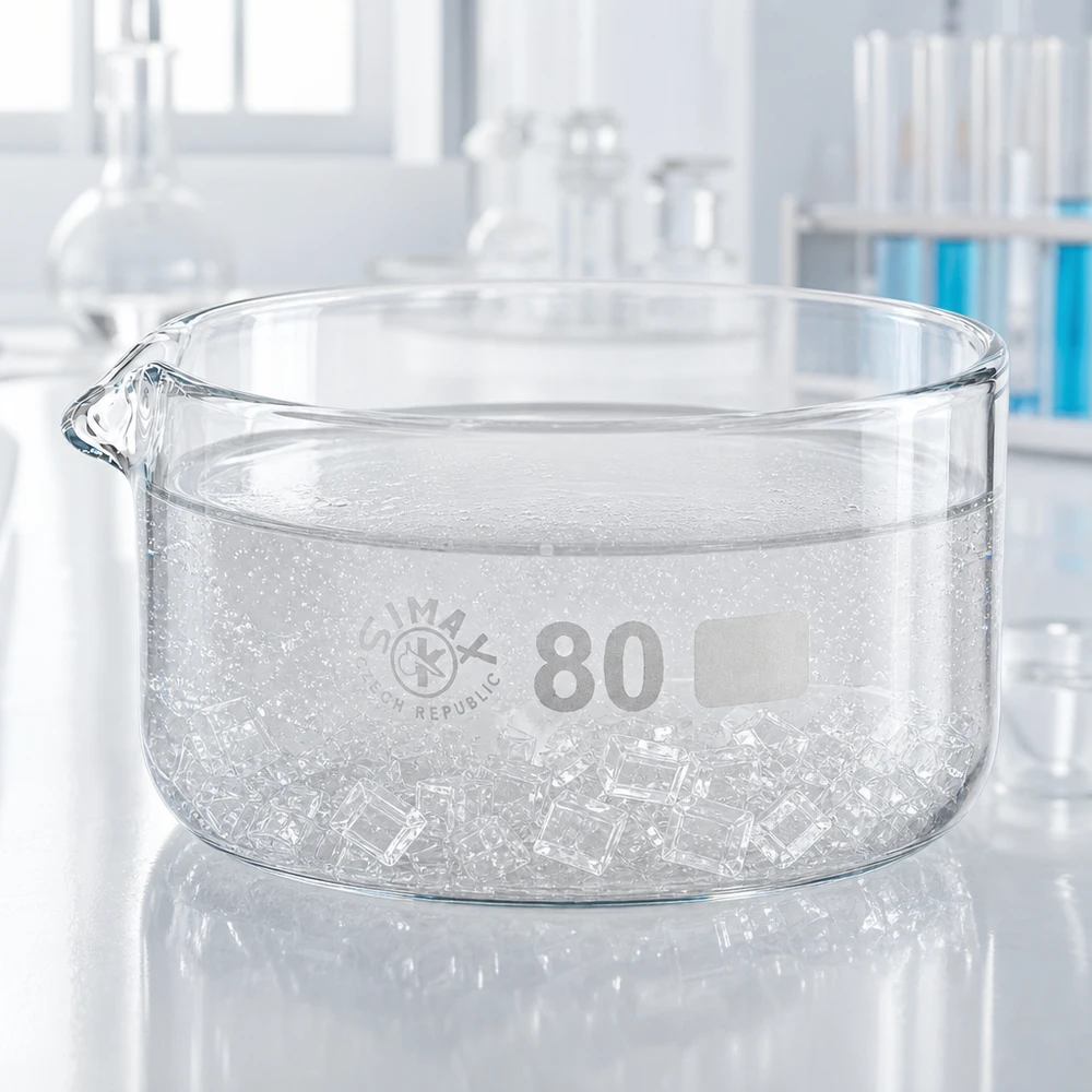 150ml kiteytysmalja, jossa on suulake borosilikaatti ø80mm Litteä kiteytysastia 150 ml, jossa on jääkuutioita ja kaatonokka, valmistettu kirkkaasta laboratoriolasista, ø80 mm