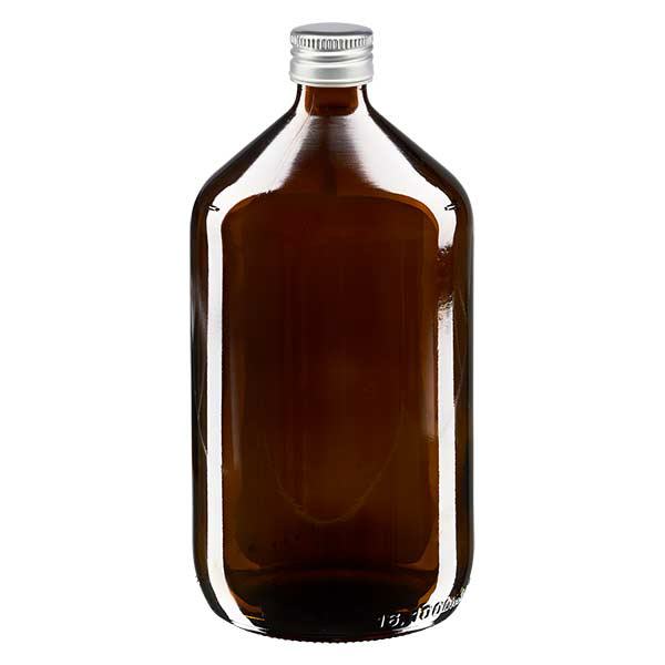 1000ml lääkepullo ruskea, jossa on hopeinen alumiinikorkki ApoGlas 1000ml lääkepullo ruskea, jossa on hopeinen alumiinikorkki ApoGlas