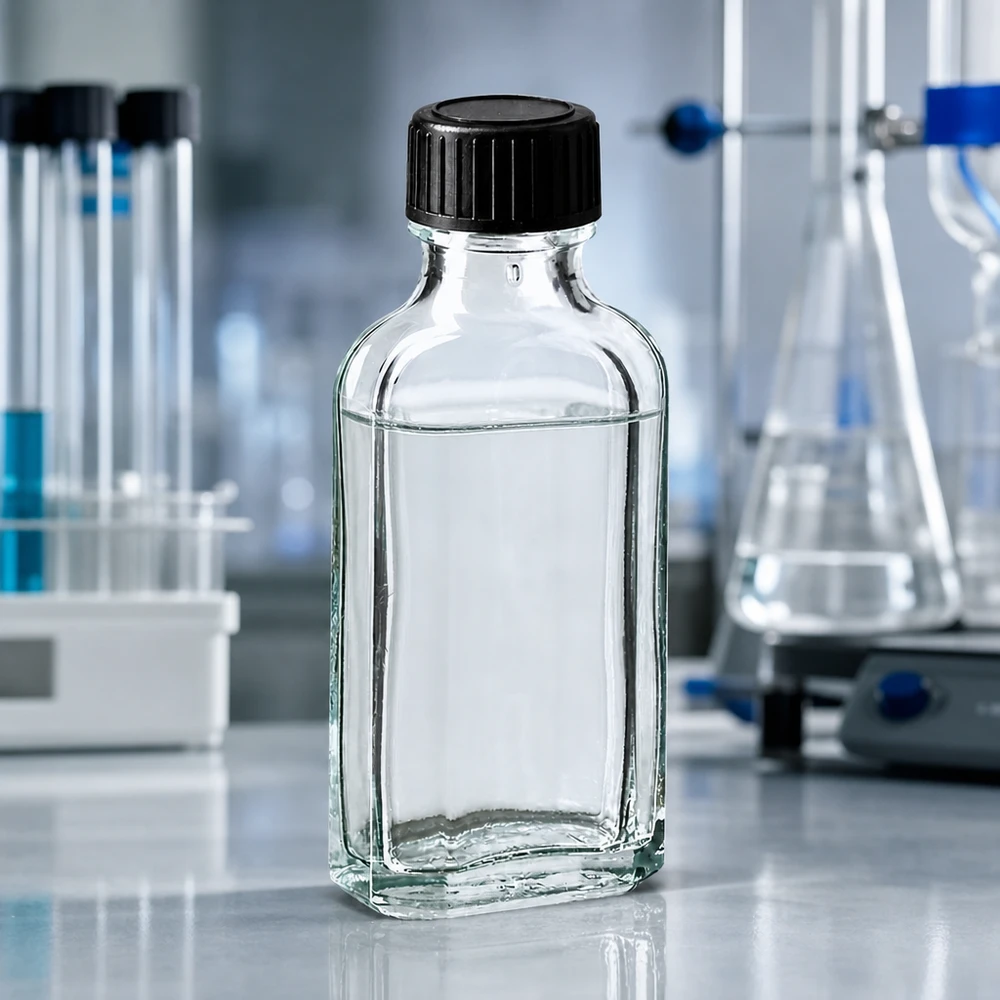 Läpinäkyvä 50 ml:n Meplat-lasipullo, jossa on EPE-tiivistekiekko ja musta korkki, laboratoriokäytössä