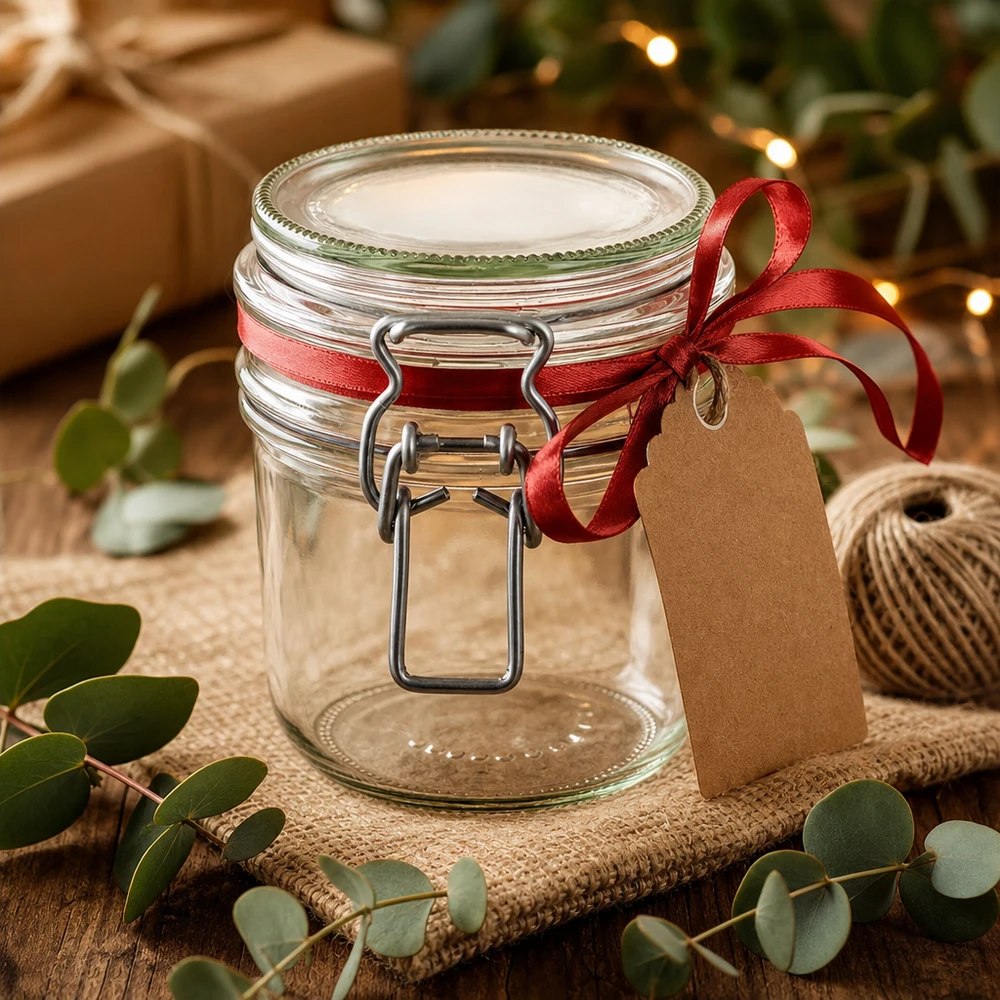 255ml Vorratsglas mit Bügelverschluss als Geschenkidee mit roter Schleife und Geschenkanhänger dekoriert