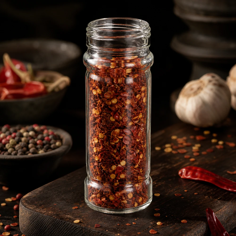 Suola-/maustepurkki Mary 100ml, kierre 41mm kirkas lasi. Mary-maustepurkki (100 ml), täytetty chilihiutaleilla, valkosipulin ja pippurijyvien vieressä