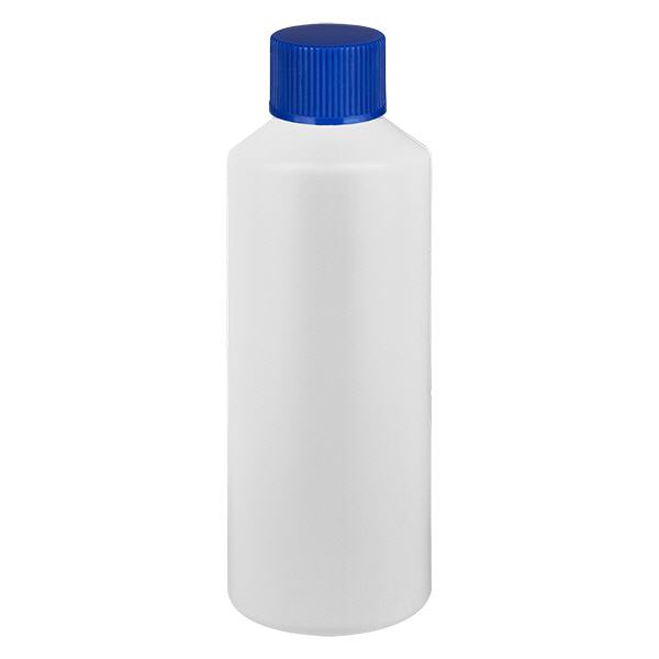Apteekkipullo HDPE 100ml valkoinen, sinisellä kierrekorkilla varustettuna Apteekkipullo HDPE 100ml valkoinen, sinisellä kierrekorkilla varustettuna