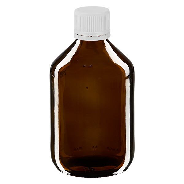 300ml lääkepullo ruskea, valkoinen korkki, jossa on väärentämisen estävä rengas ApoGlas 300ml lääkepullo ruskea, valkoinen korkki, jossa on väärentämisen estävä rengas ApoGlas
